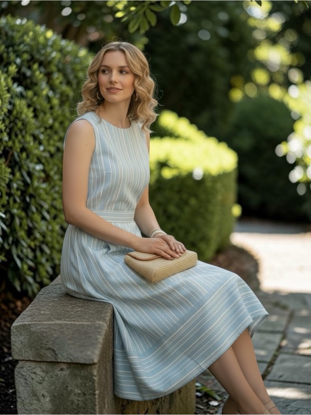LANDS’ END Sleeveless Summer Dress of Blue & White Stripes. 100% Cotton. $40.